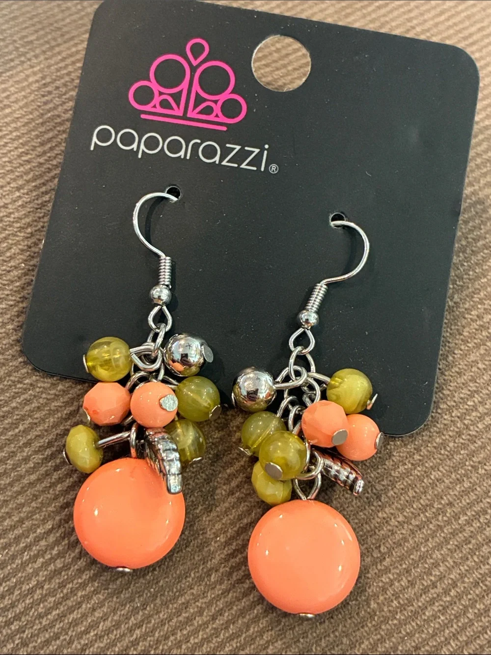 New! Peach Olive Leaf Bead Cluster Dangle Silver Earrings Whimsically Musical